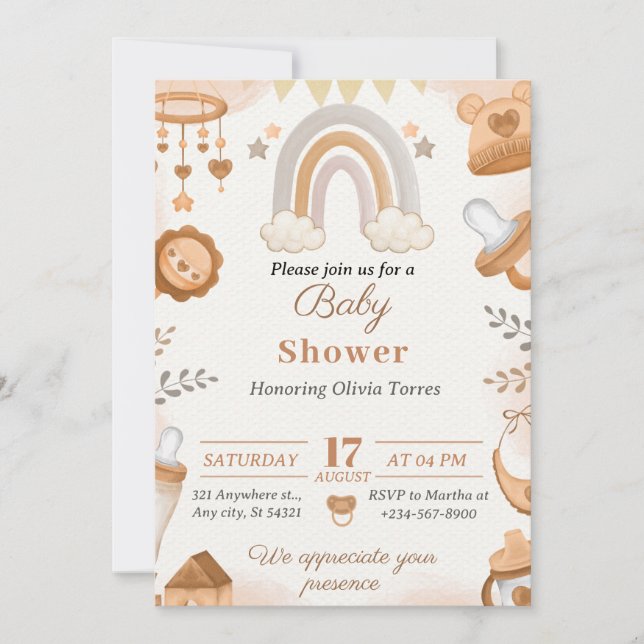 Invitation Baby shower d'illustration Brown aquarelle (Devant)