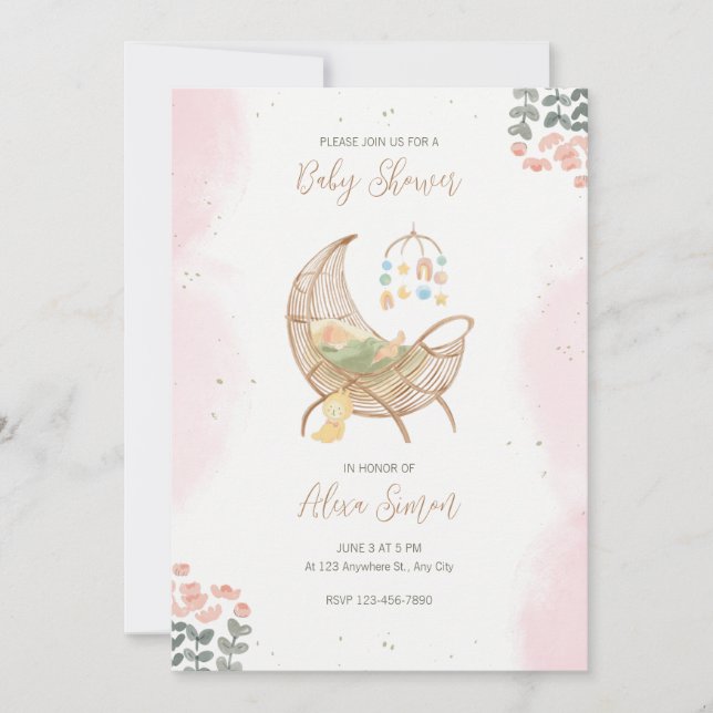 Invitation Baby shower d'illustration rose et Brown (Devant)