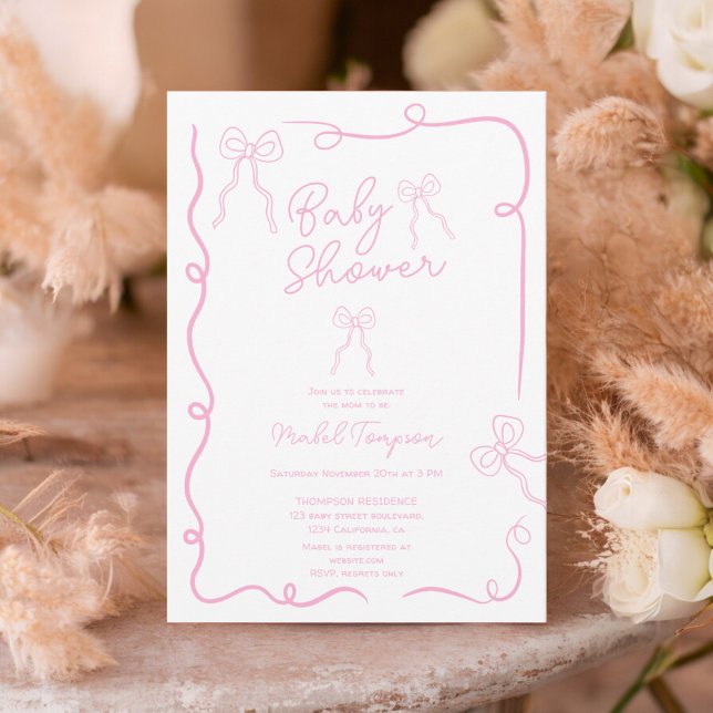 Invitation Baby shower d'illustrations en ruban des arcs rose (Pink bows ribbon illustrations Baby shower Invitation)