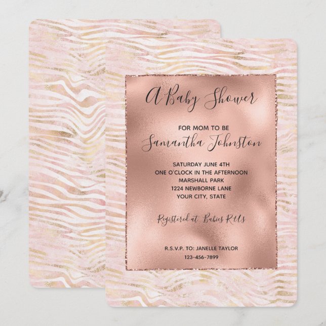 Invitation Baby shower d'impression Blush Rose Glam Gold Zebr (Devant / Derrière)