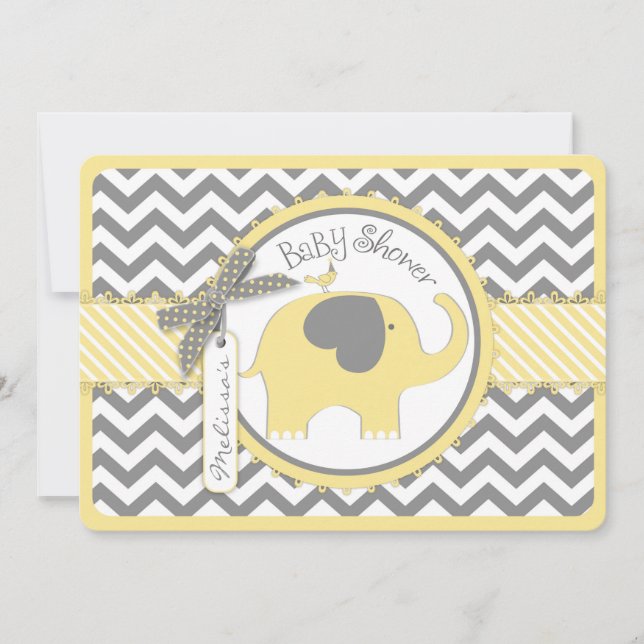 Invitation Baby shower d'impression Chevron Eléphant Jaune (Devant)