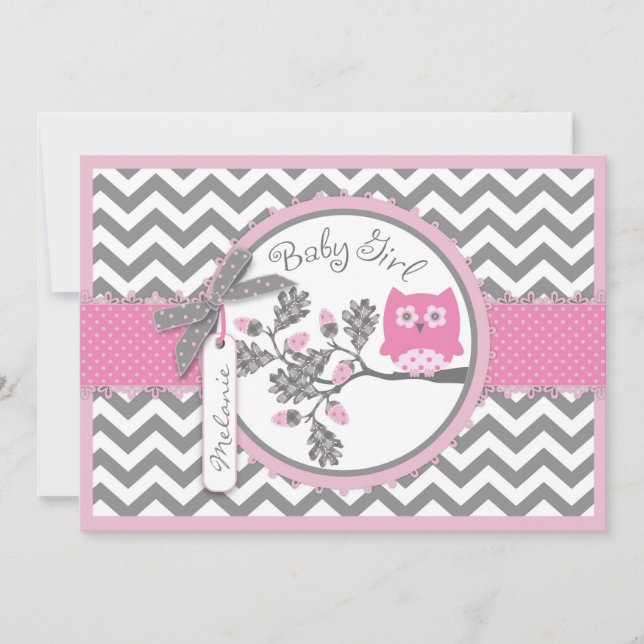 Invitation Baby shower d'impression de Chevron Owl Pink (Devant)