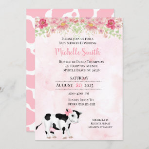 Invitation Baby shower d'impression de vache blanche rose mod