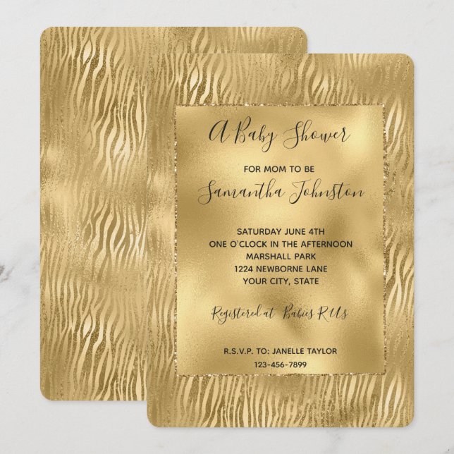 Invitation Baby shower d'impression Gold Glam Glitz Zebra (Devant / Derrière)