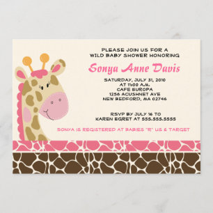 Invitation Baby shower d'impression Jungle Giraffe (rose) 5x7