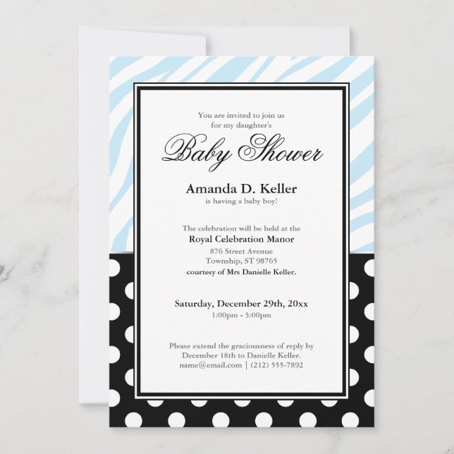 Invitation Baby shower d'impression noir Polka Dot Blue Zebra (Devant)