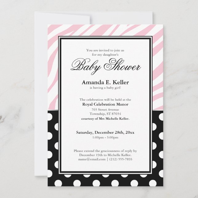 Invitation Baby shower d'impression noir Polka Dot rose Zebra (Devant)