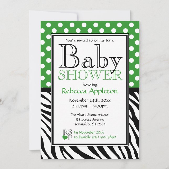 Invitation Baby shower d'impression Polka Dot Green et Zebra (Devant)