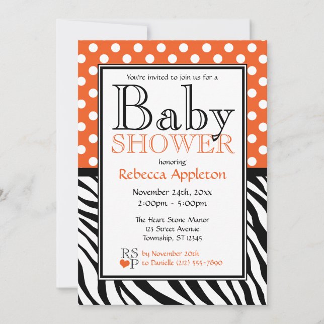 Invitation Baby shower d'impression Polka Dot Orange et Zebra (Devant)