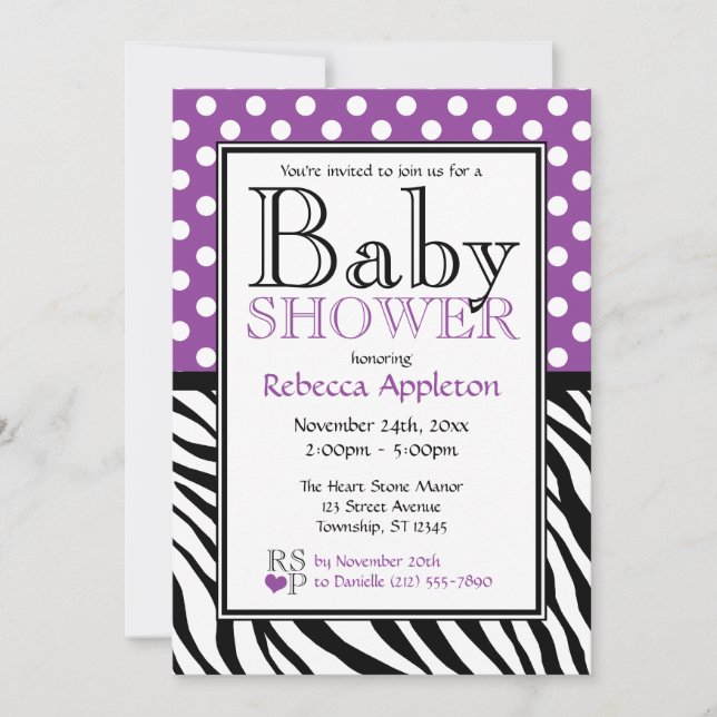Invitation Baby shower d'impression Polka Dot Purple & Zebra (Devant)