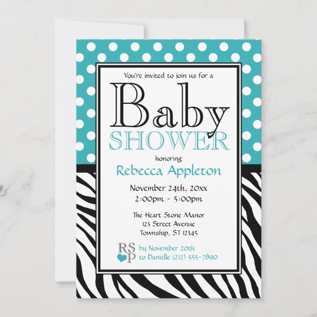 Invitation Baby shower d'impression Polka Dot Turquoise & Zeb (Devant)