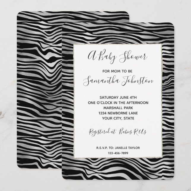 Invitation Baby shower d'impression Silver Black Zebra (Devant / Derrière)