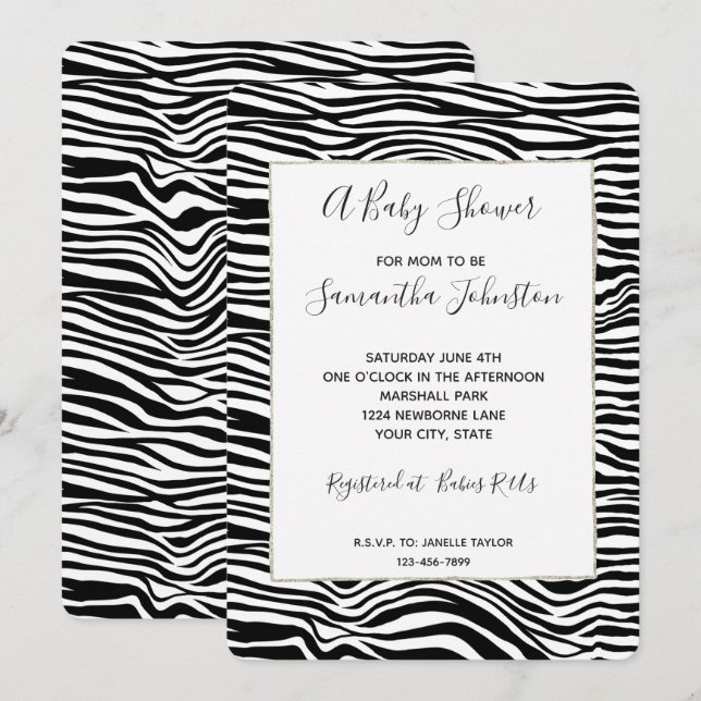 Invitation Baby shower d'impression Zebra noir et blanc (Devant / Derrière)