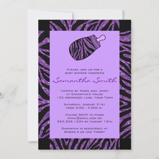 Invitation Baby shower d'impression Zebra noir et violet (Devant)