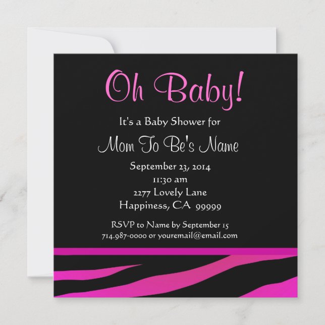 Invitation Baby shower d'impression Zèbre rose et noir (Devant)