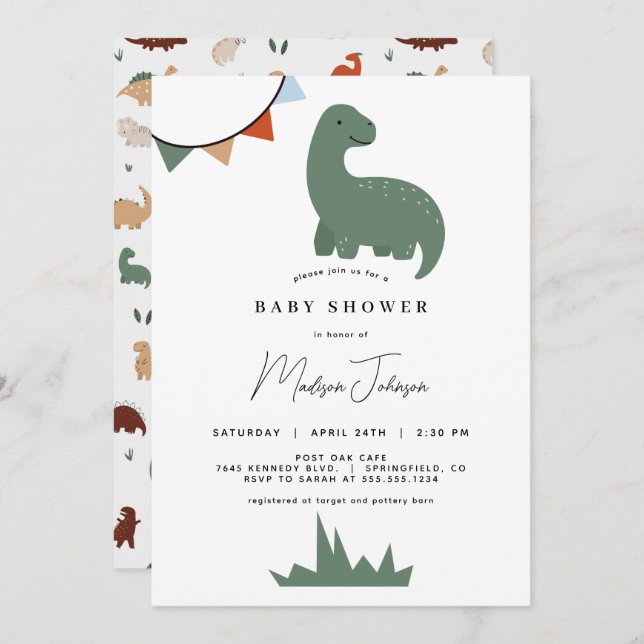Invitation Baby shower Dinosaur (Devant / Derrière)