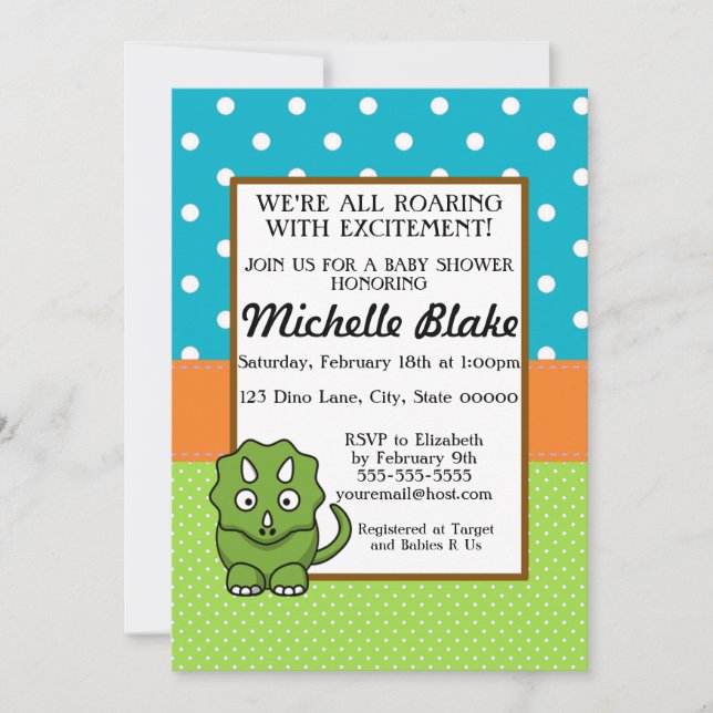 Invitation Baby shower Dinosaur | Bleu et vert (Devant)