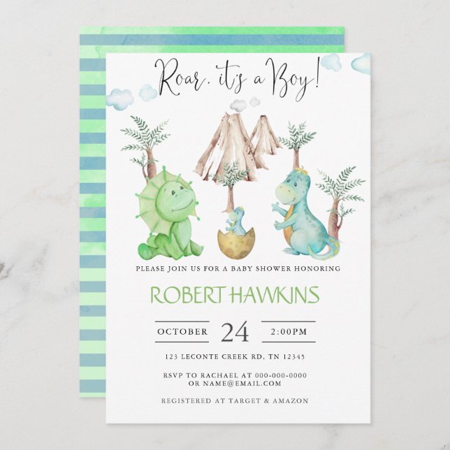 Invitation Baby shower Dinosaur Boy (Devant / Derrière)