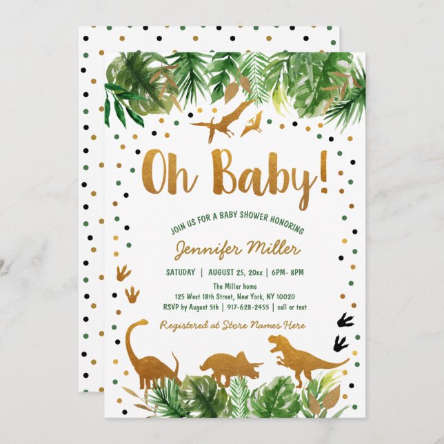 Invitation Baby shower Dinosaur Green Gold Safari (Devant / Derrière)