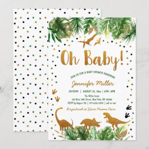 Invitation Baby shower Dinosaur Green Gold Safari