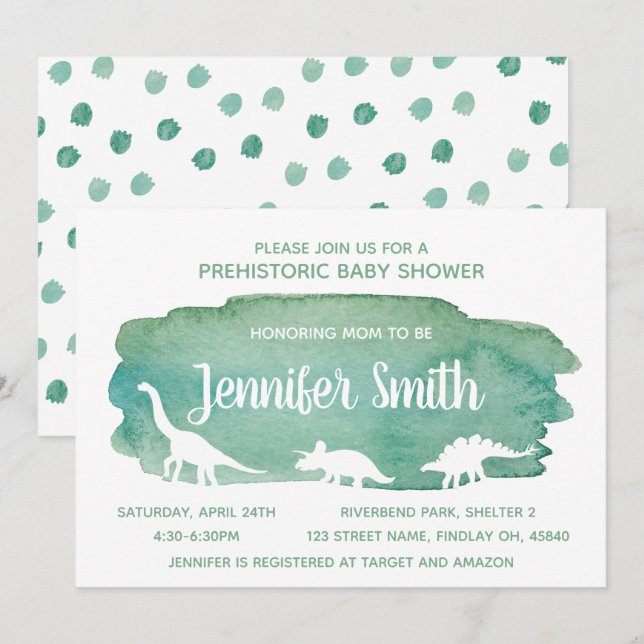Invitation Baby shower Dinosaure Aquarelle Verte (Devant / Derrière)