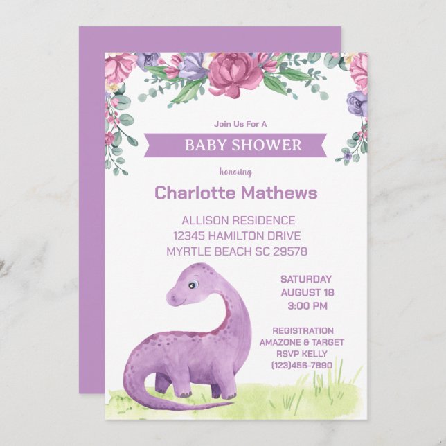Invitation Baby shower Dinosaure de filles florales violettes (Devant / Derrière)