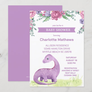 Invitation Baby shower Dinosaure de filles florales violettes