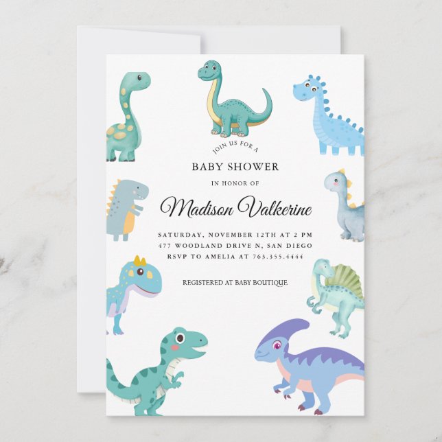 Invitation Baby Shower Dinosaure Élégant Blanc (Devant)