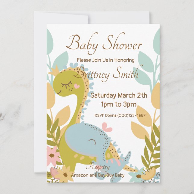 Invitation Baby shower Dinosaure, neutre pour les  (Devant)