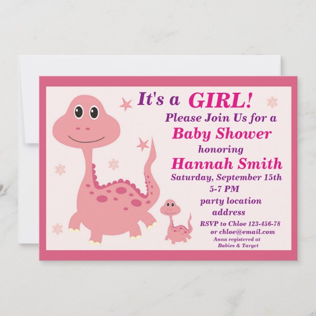 Invitation baby shower dinosaure rose (Devant)