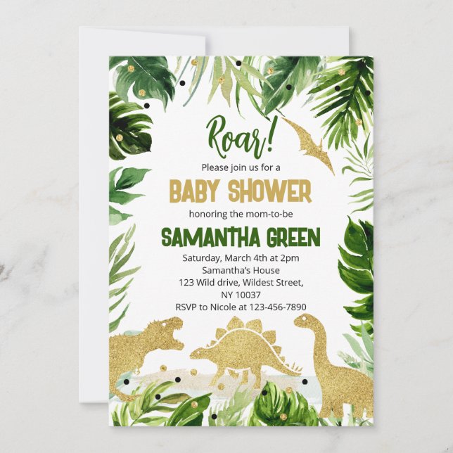 Invitation Baby Shower Dinosaure Vert et Or (Devant)