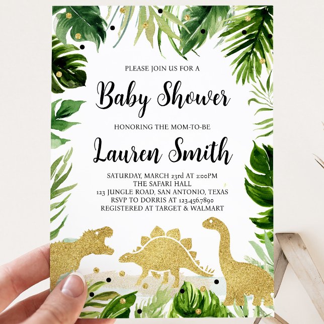 Invitation Baby Shower Dinosaure Vert et Or  (Créateur téléchargé)