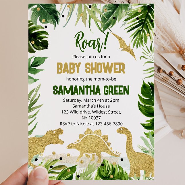 Invitation Baby Shower Dinosaure Vert et Or (Créateur téléchargé)