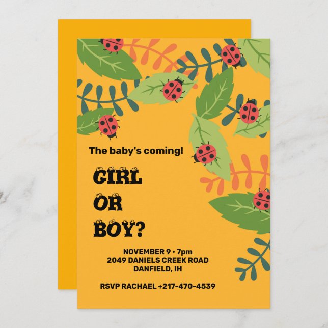 Invitation Baby shower d'insecte de femme jaune (Devant / Derrière)