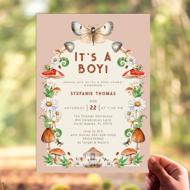 Invitation Baby shower d'insectes et de champignon (It's A Boy Insects & Mushroom Woodland Baby Shower Invitation)