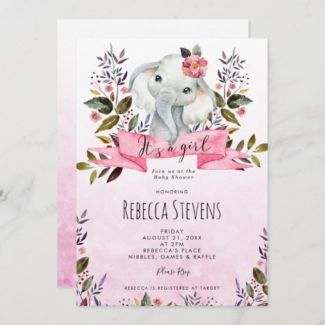 Invitation baby shower d'invitation à l'éléphant rose floral  (Devant / Derrière)