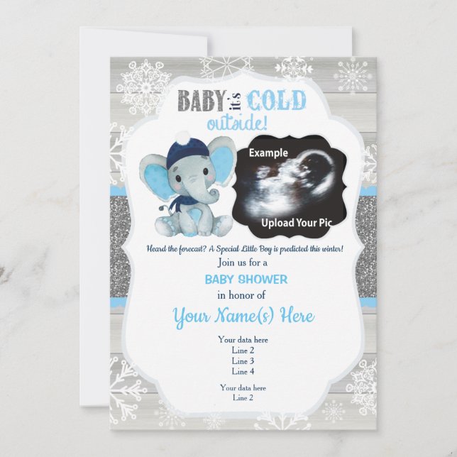 Invitation Baby shower d'invitation Elephant Winter Ultrasoun (Devant)