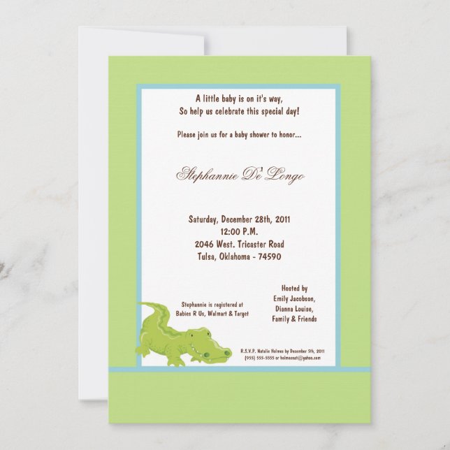 Invitation Baby shower d'ligator vert 5x7 (Devant)