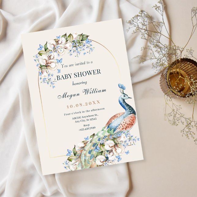 Invitation Baby shower d'oiseau de paon bleu floral (Créateur téléchargé)