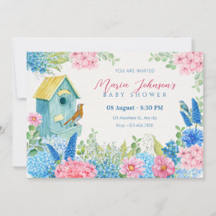 Invitation Baby shower d'oiseaux aux fleurs roses bleues