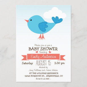 Invitation Baby shower d'oiseaux bleu et corail mignon ou sau