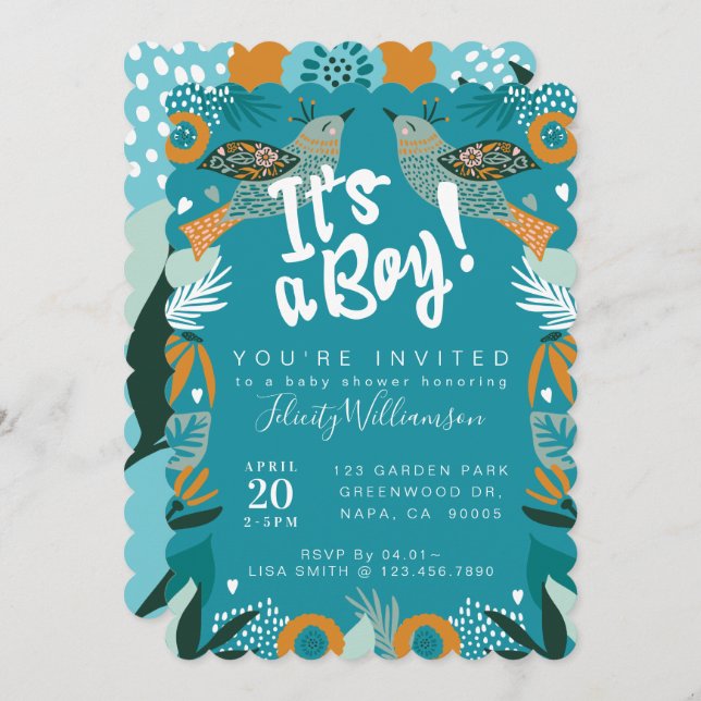 Invitation Baby shower d'oiseaux botaniques chic e (Devant / Derrière)