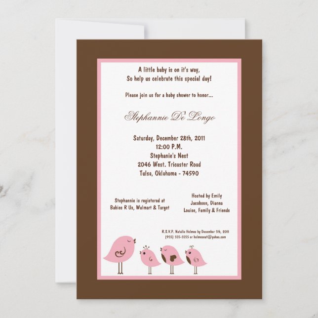 Invitation Baby shower d'oiseaux Brown 5x7 (Devant)