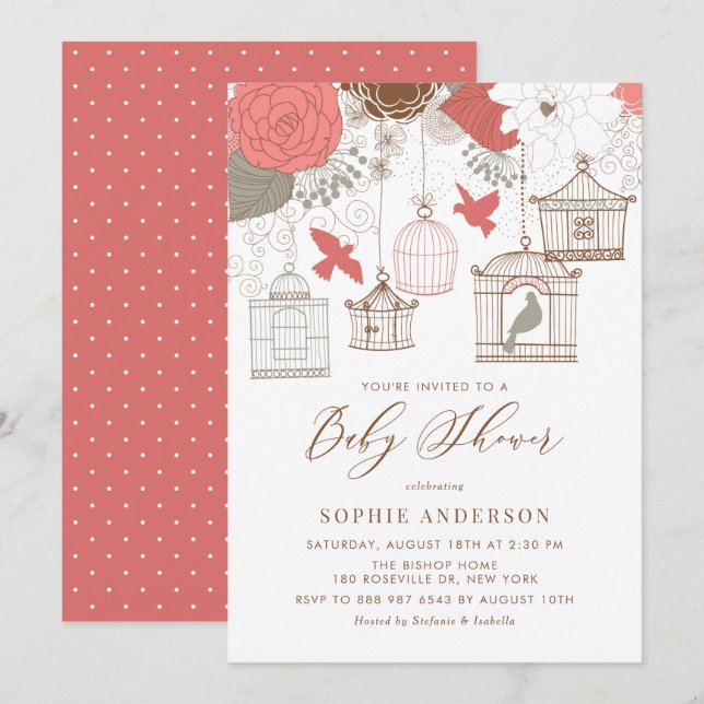 Invitation Baby shower d'oiseaux coralliens et gris (Devant / Derrière)