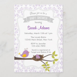 Invitation Baby shower d'oiseaux cute Pastel Purpl