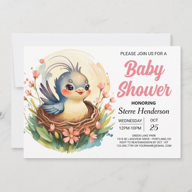 Invitation Baby shower d'oiseaux de la forêt Boho Girly (Devant)