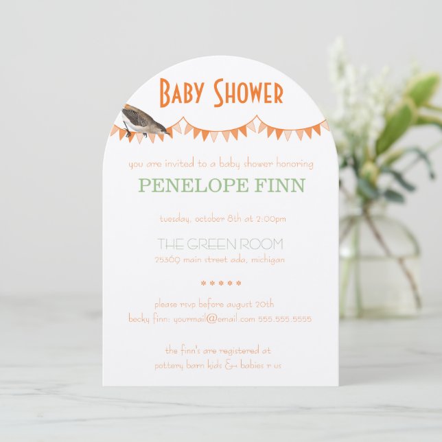 Invitation Baby shower d'oiseaux de lapin vert de Pêche (Debout devant)