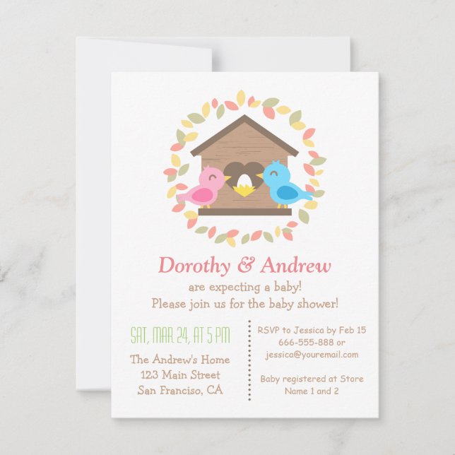 Invitation Baby shower d'oiseaux des Feuilles de Wreath (Devant)