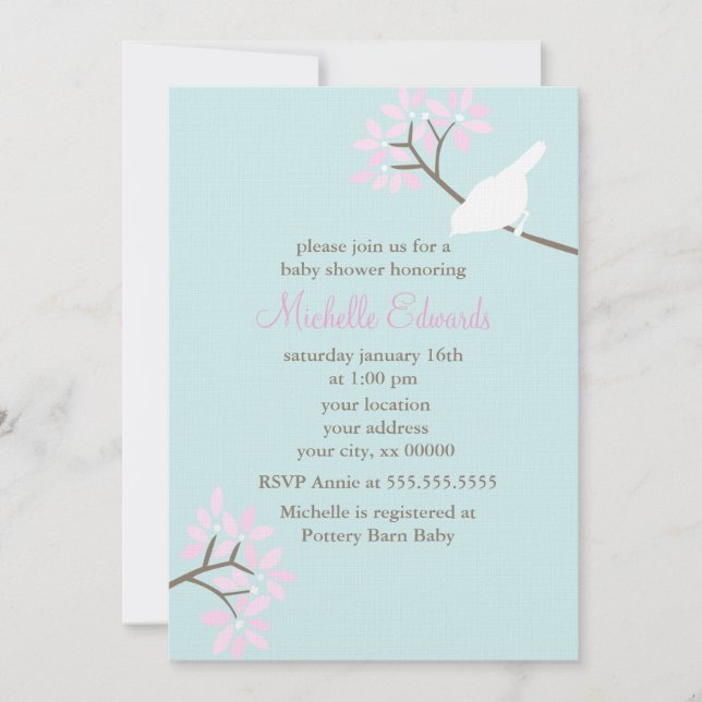 Invitation Baby shower d'oiseaux élégant (Devant)