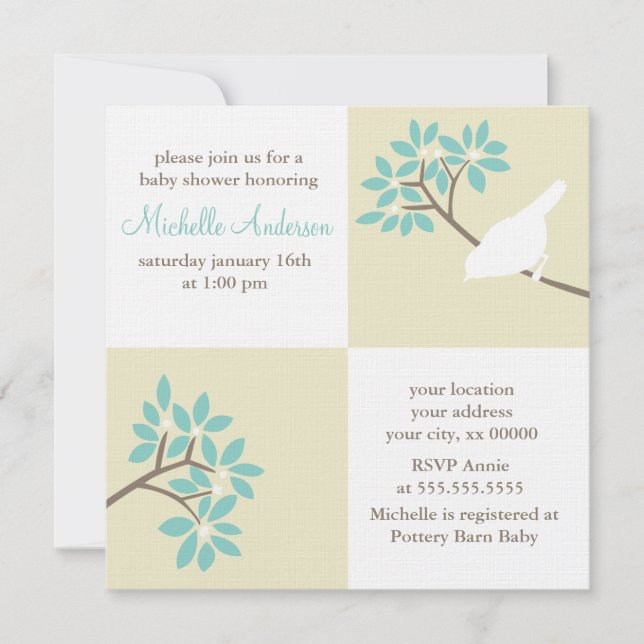 Invitation Baby shower d'oiseaux élégant (Devant)
